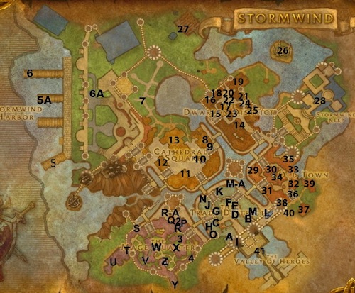 A detailed map of Stormwind vendors and trainers.